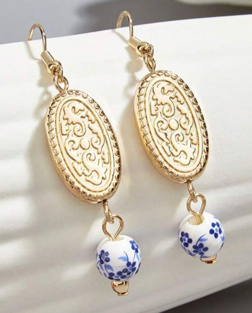 Chinoiserie Blue and White Beaded Drop
 Earrings